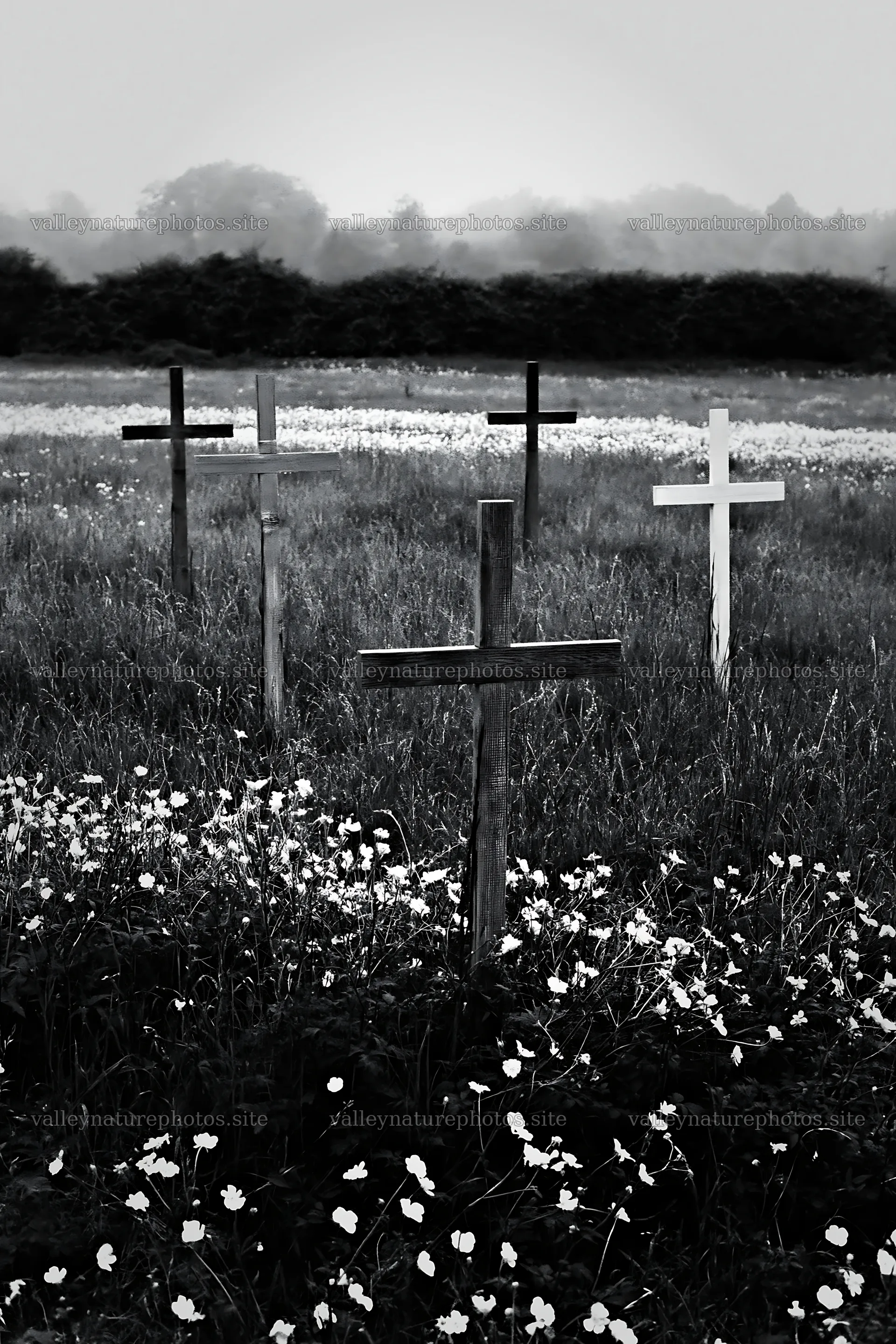 Christian crosses in a meadow surrounded by yellow flowers – nature photography 6480x9722