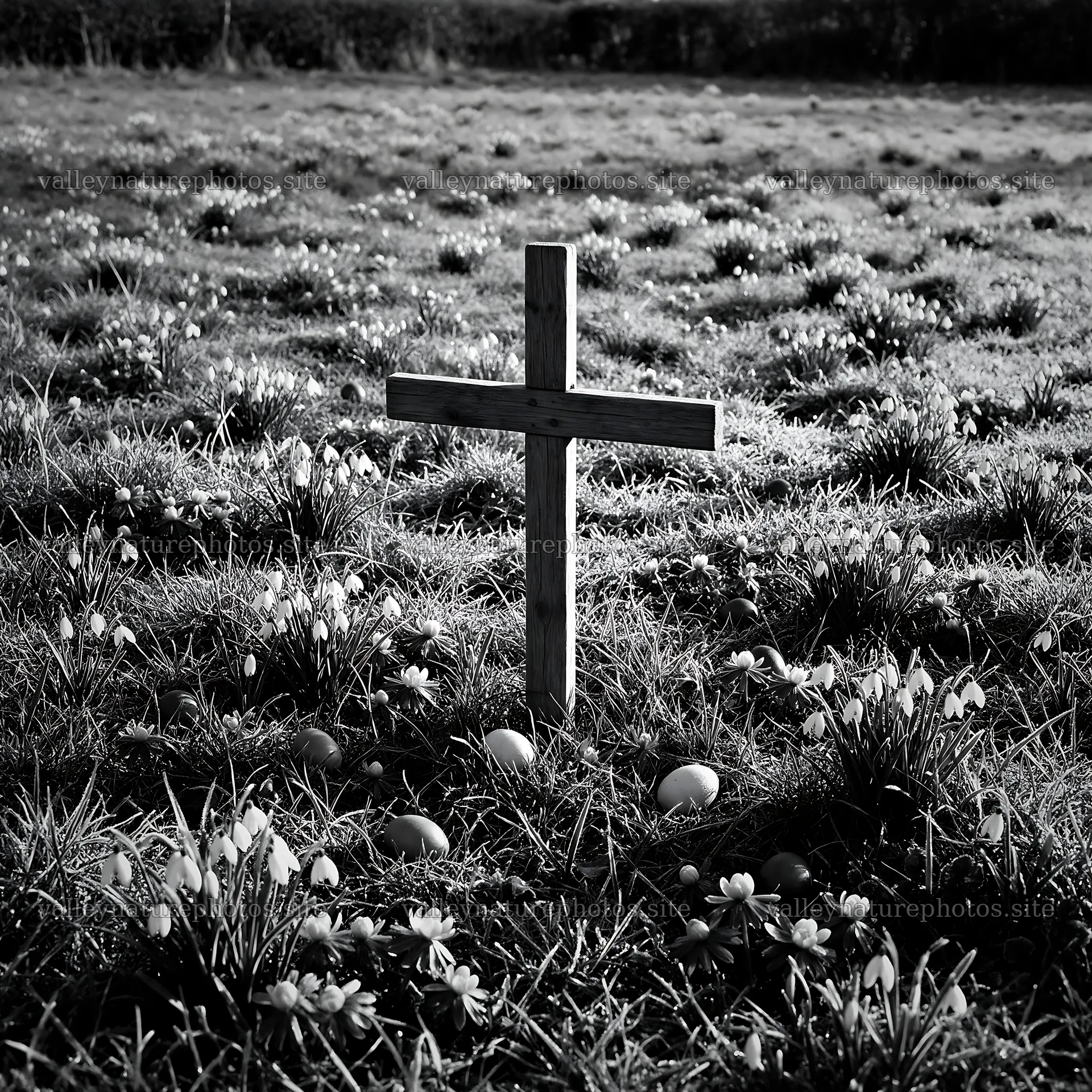 Christian cross in winter meadow with low sunlight – nature photography 7938x7938