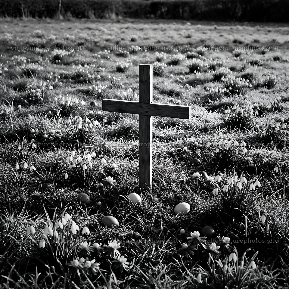 Christian cross in winter meadow with low sunlight – nature photography 7938x7938