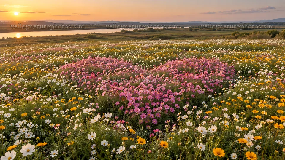 Heart-Shaped Pink Flower Meadow at Sunset – nature photography 10324x5812