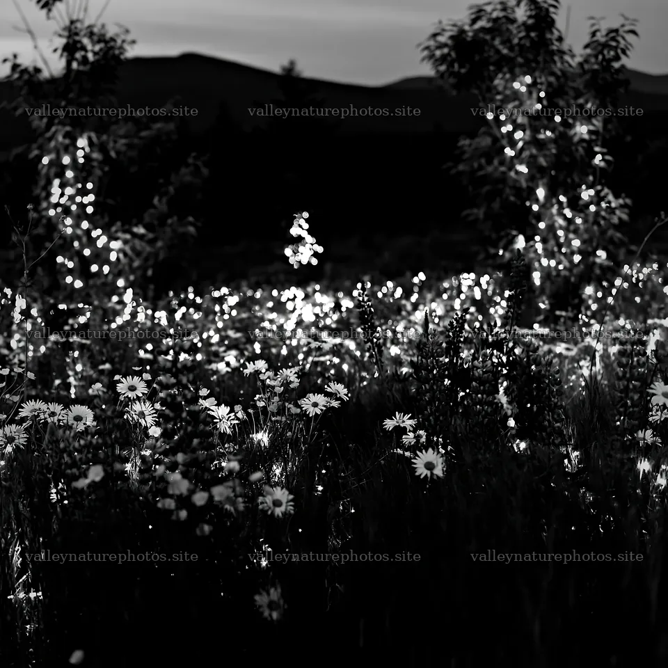 Vibrant meadow with Christmas lights at dusk – nature photography 7938x7938