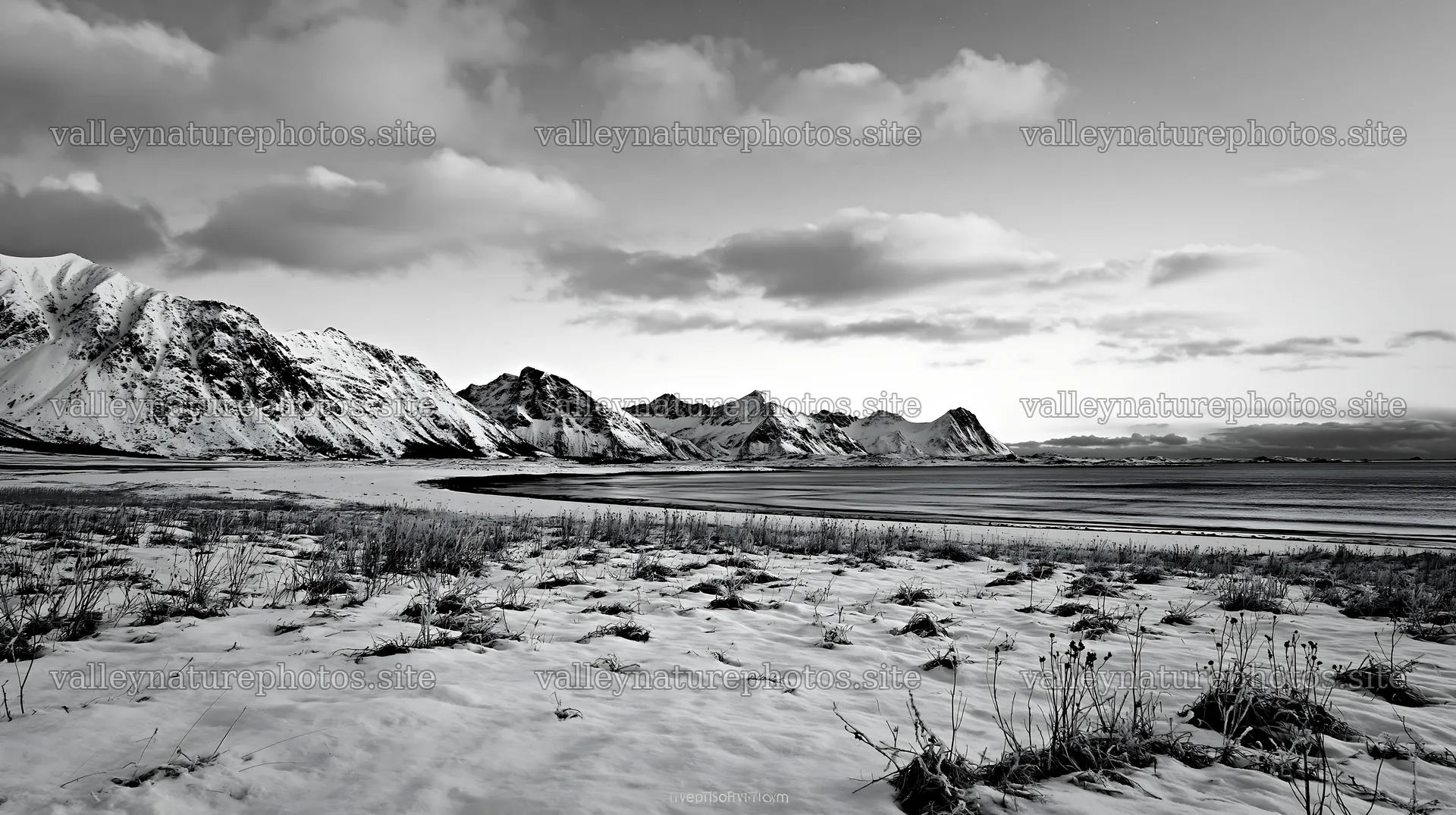 Lofoten coastal meadow winter snow view with mountains and clouds – nature photography 10608x5938