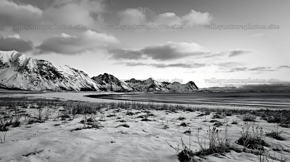 Lofoten coastal meadow winter snow view with mountains and clouds – nature photography 10608x5938