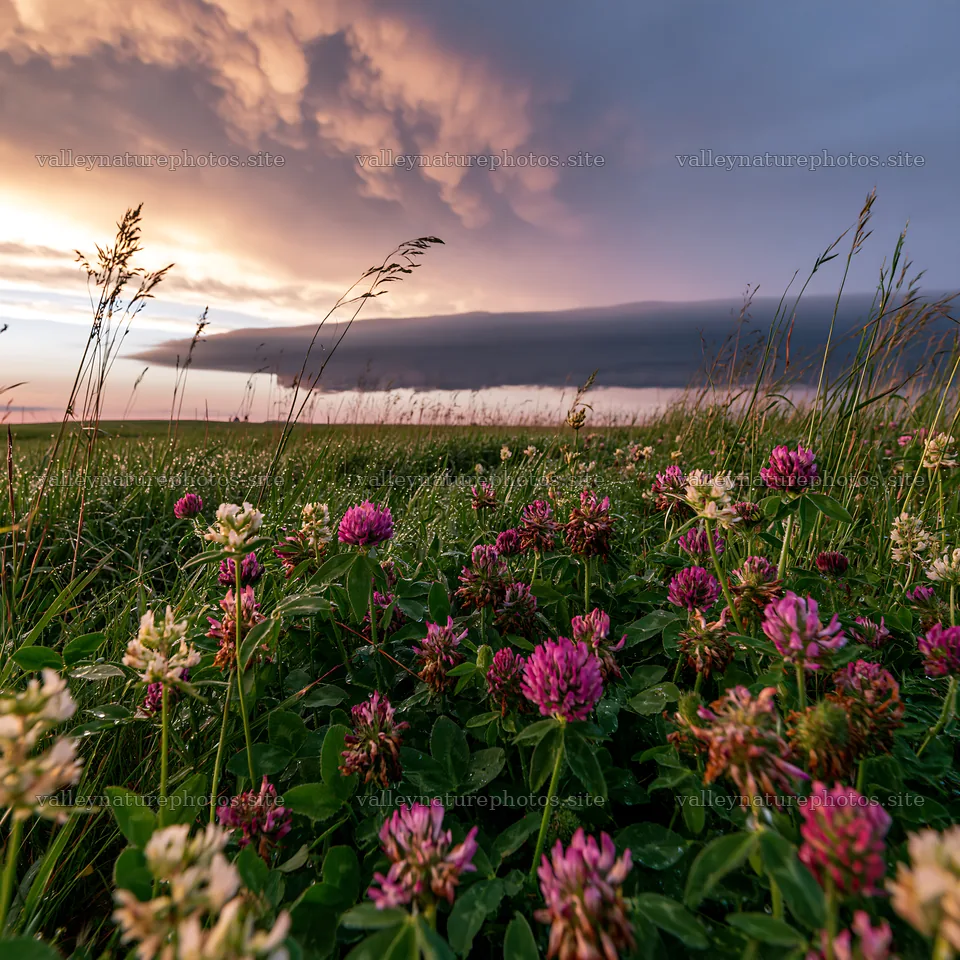 Clover meadow with dew under a cloudy sunset sky – nature photography 7938x7938
