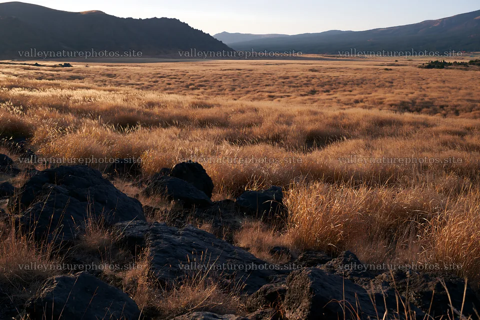 Kumamoto volcanic meadow with dark rocks and grassland at sunset – nature photography 9722x6480