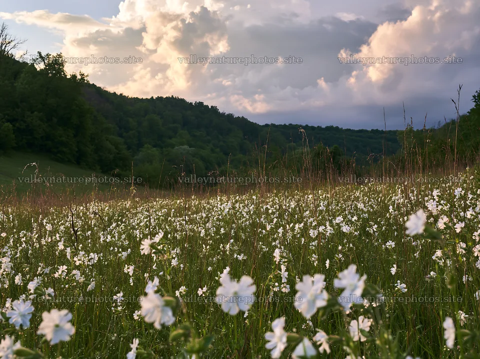 Hungarian meadow along wooded valley with white flowers – nature photography 9174x6866