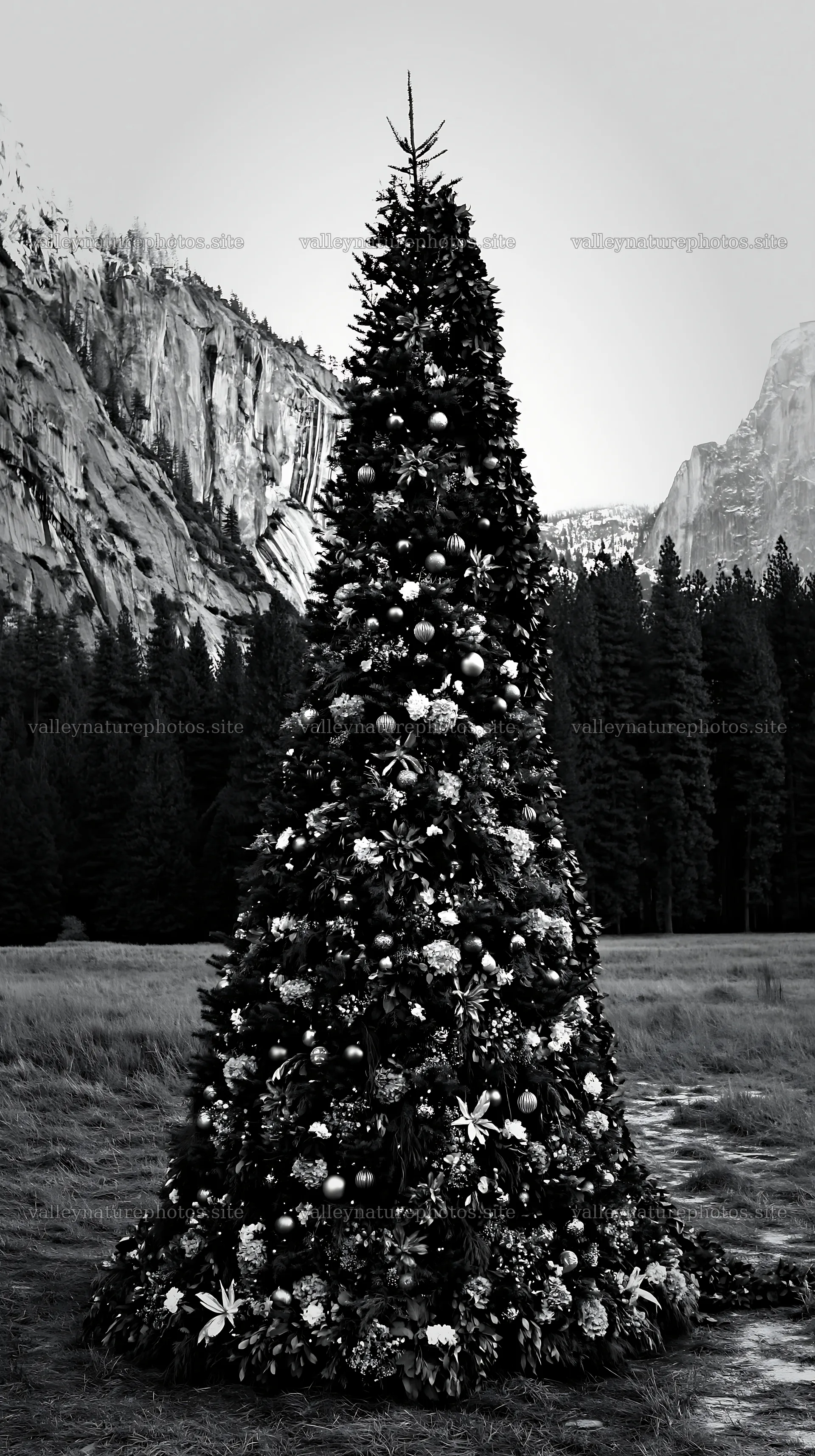 Christmas tree decorated with ornaments in valley meadow – nature photography 5938x10608