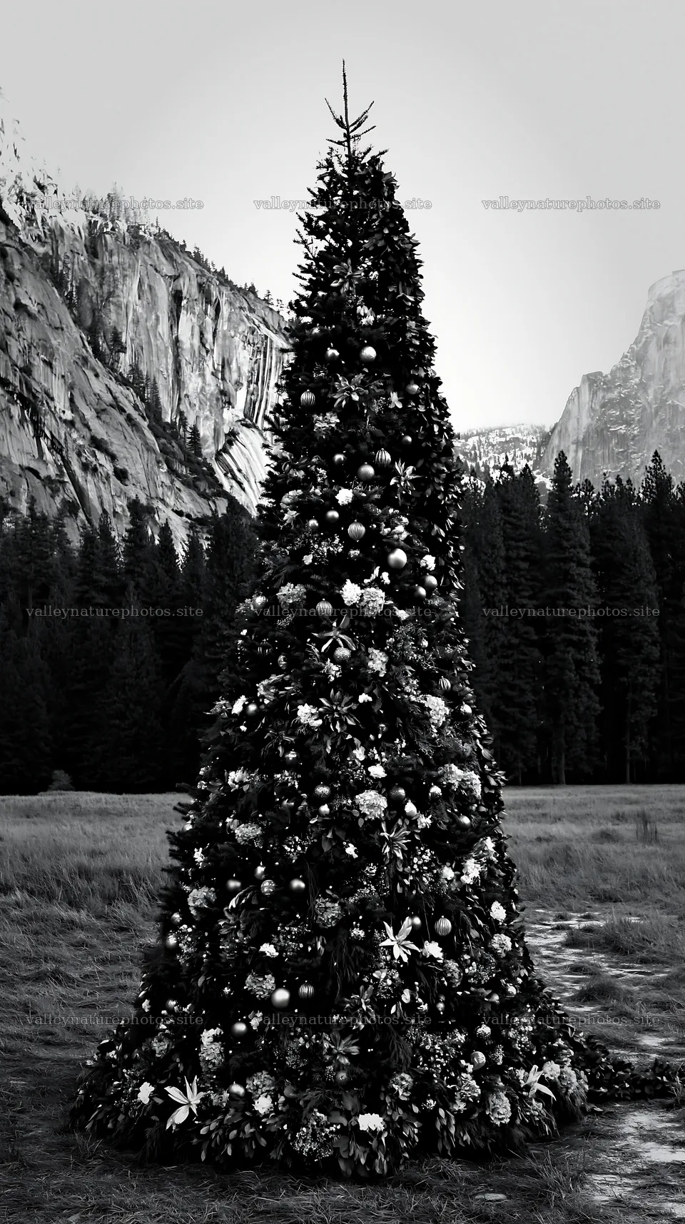Christmas tree decorated with ornaments in valley meadow – nature photography 5938x10608
