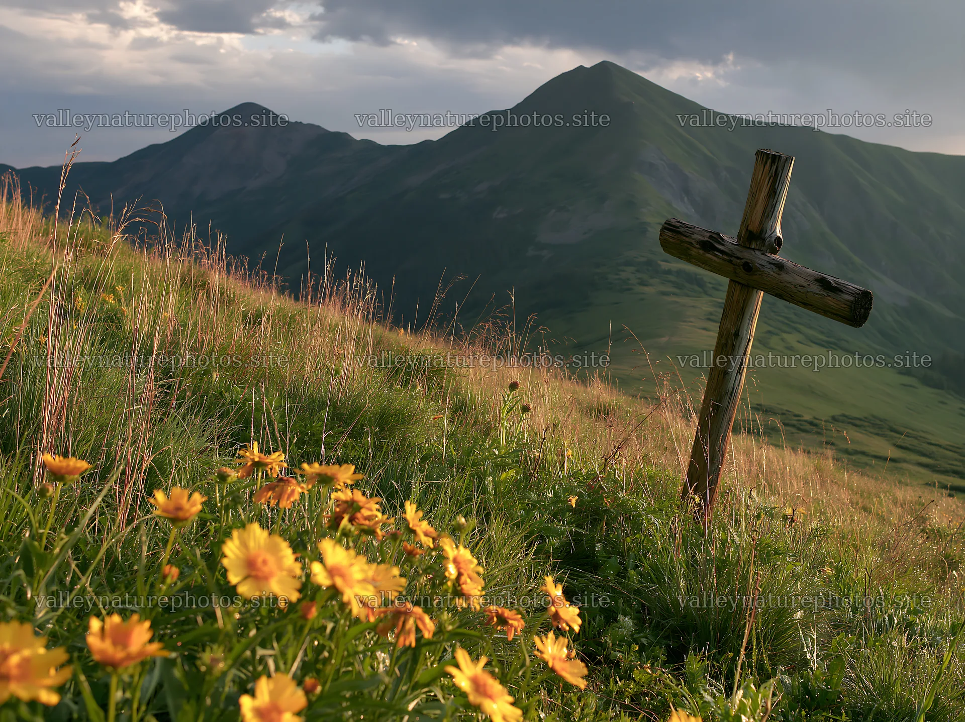 Wooden cross in mountain meadow with flowers and hills – nature photography 9174x6866