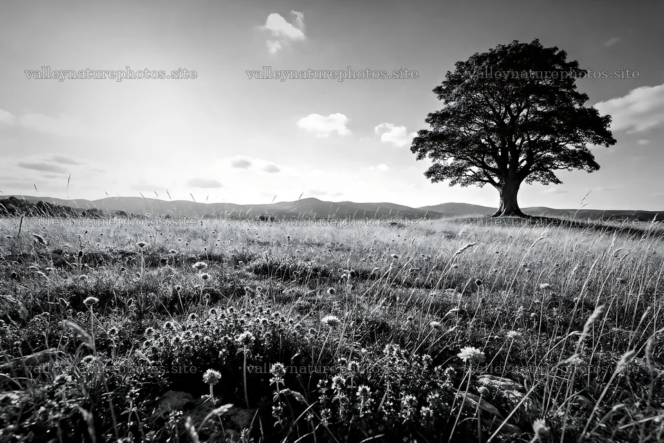 Sunny limestone meadow with distant mountains and a lone tree – nature photography 9722x6480