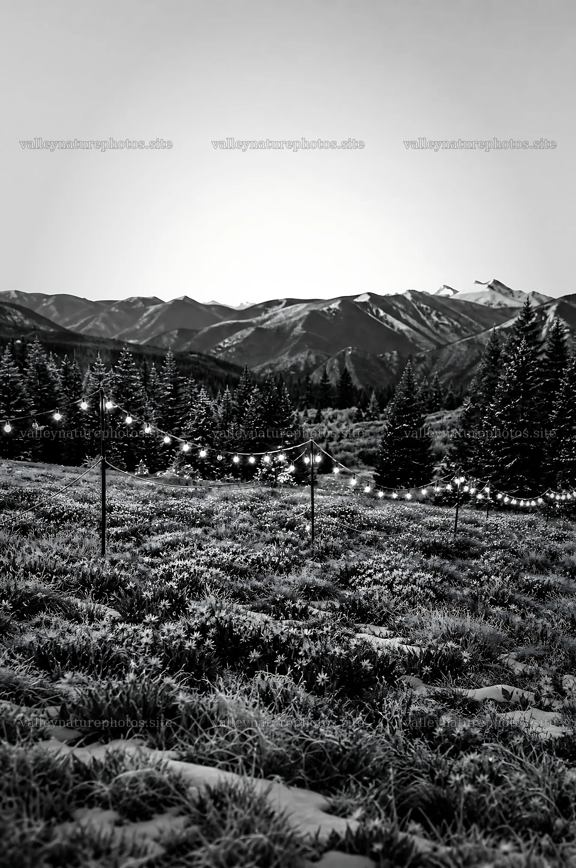 Warm Christmas lights across mountain valley meadow – nature photography 6468x9740