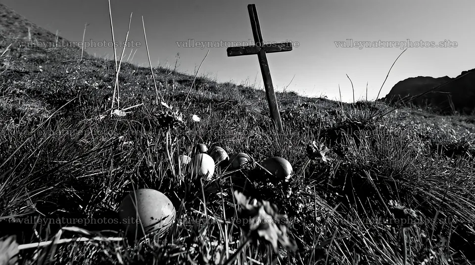 Bronze Christian cross in a Christmas meadow with eggs – nature photography 10608x5938