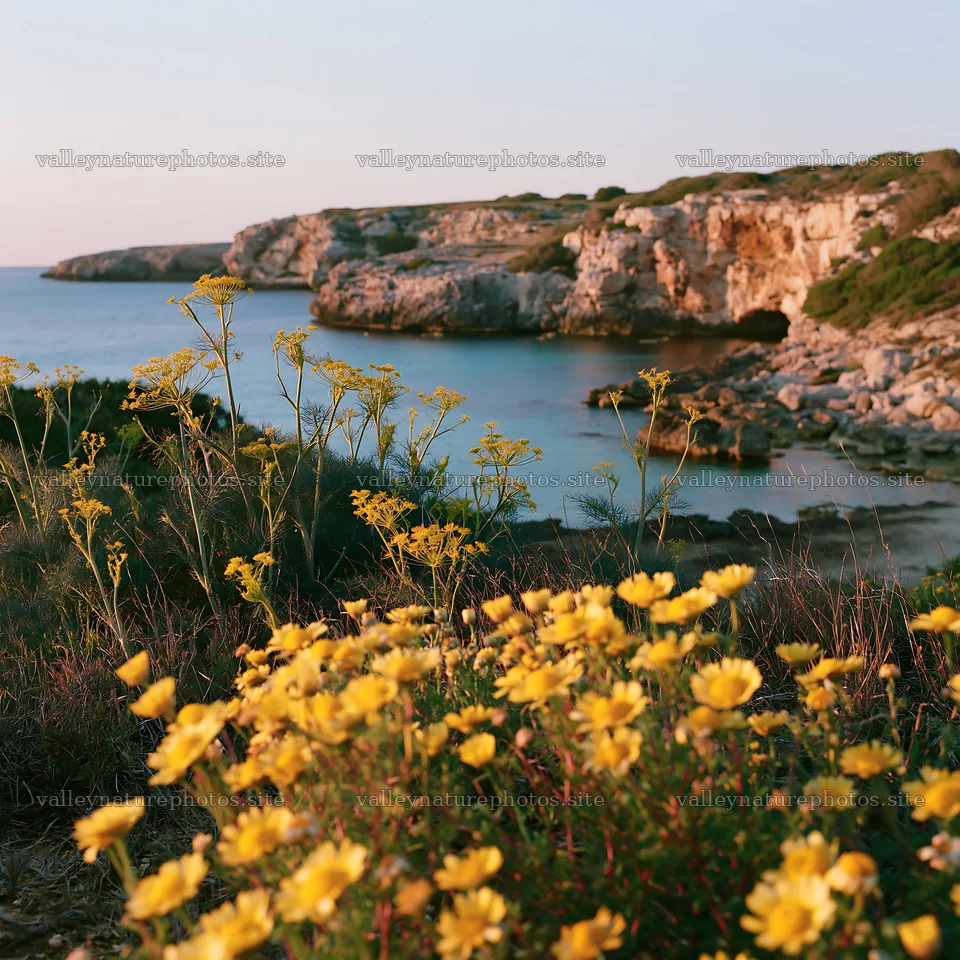 Coastal meadow cliffs with yellow flowers by the sea – nature photography 7938x7938