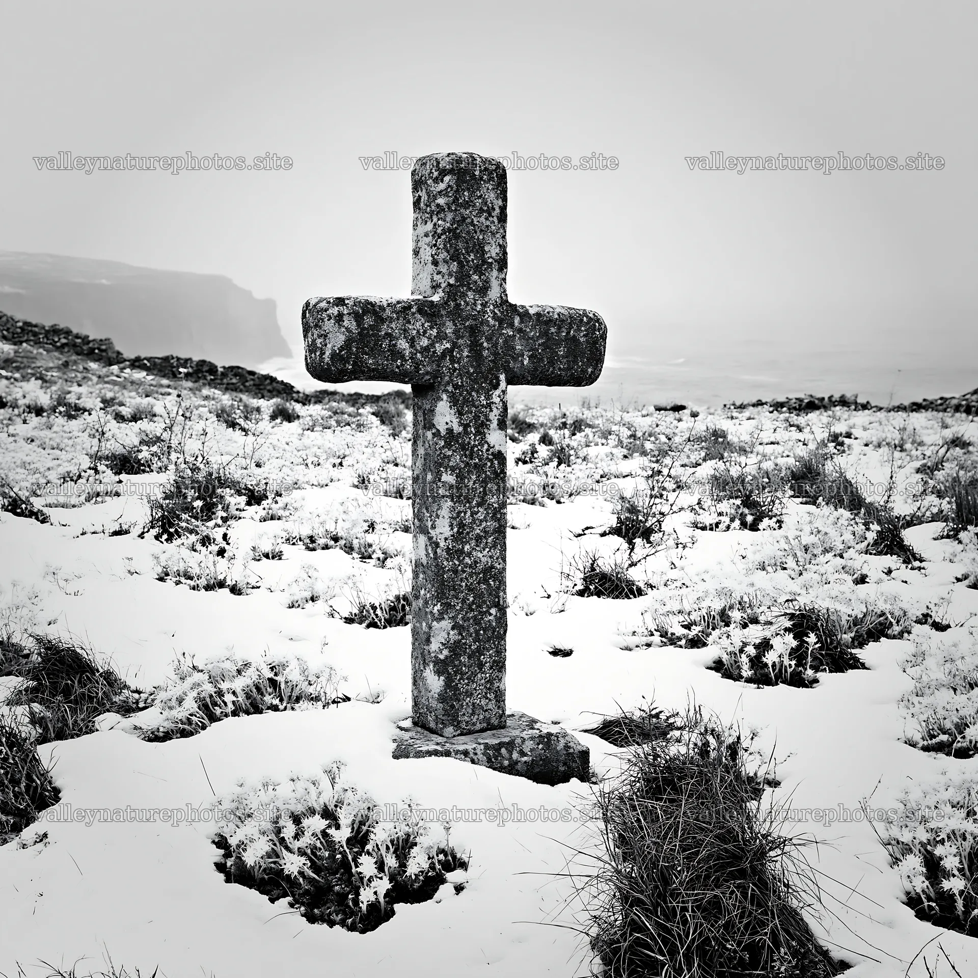 Stone Christian cross in snowy meadow on cold winter day – nature photography 7938x7938