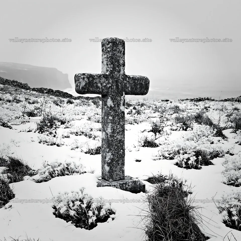 Stone Christian cross in snowy meadow on cold winter day – nature photography 7938x7938