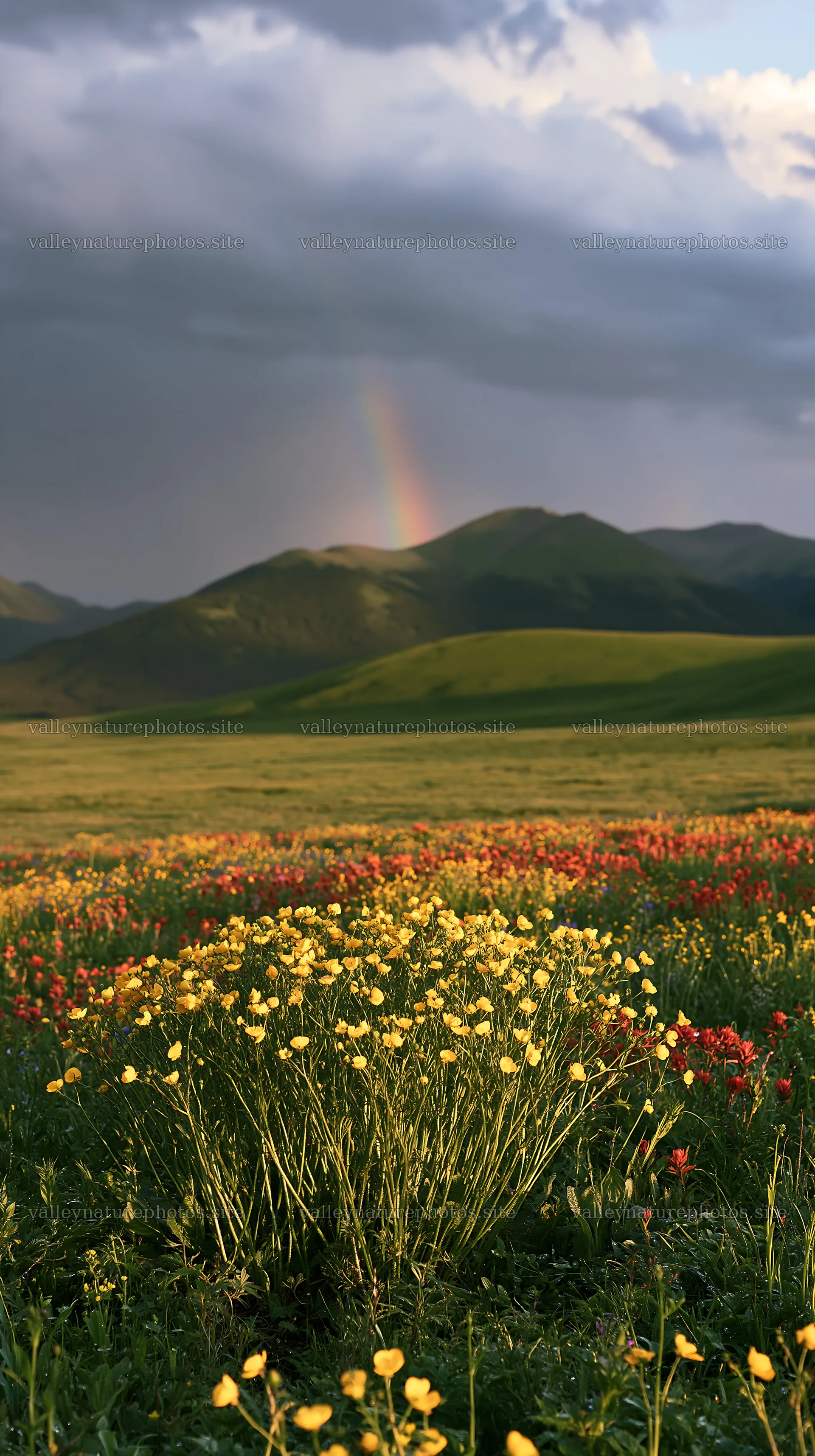 Colorful buttercup meadow with rainbow and mountains – nature photography 5938x10608