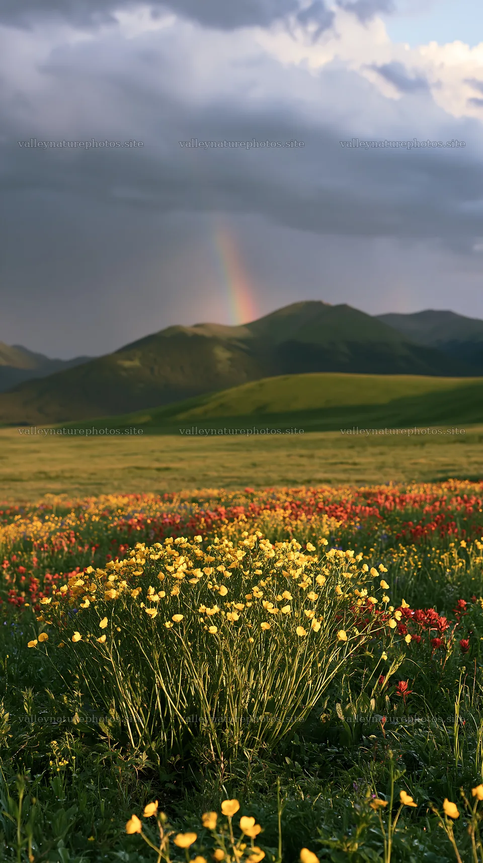 Colorful buttercup meadow with rainbow and mountains – nature photography 5938x10608