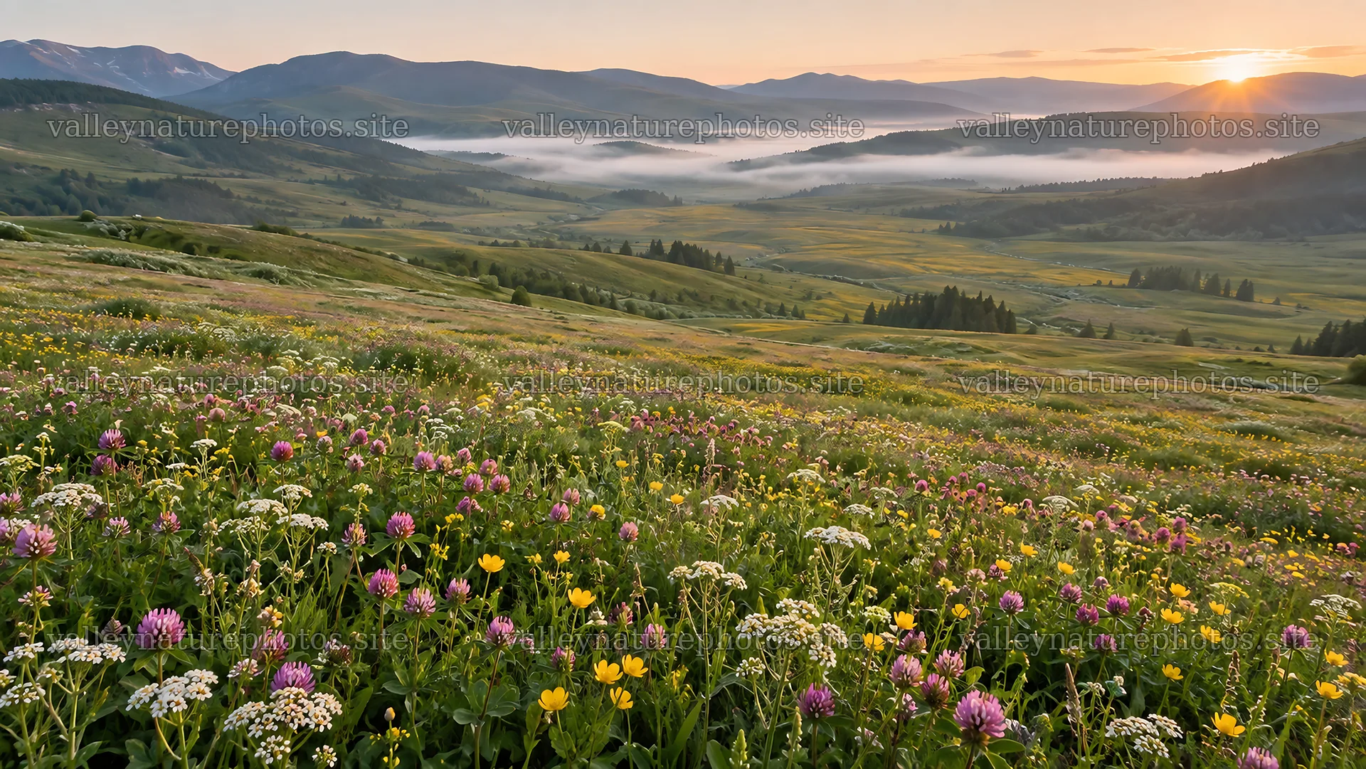 Wildflower Meadow in Morning Mist at Sunrise – nature photography 10324x5812