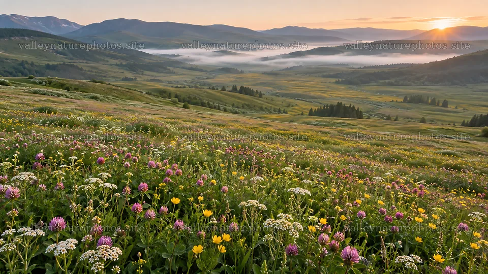 Wildflower Meadow in Morning Mist at Sunrise – nature photography 10324x5812