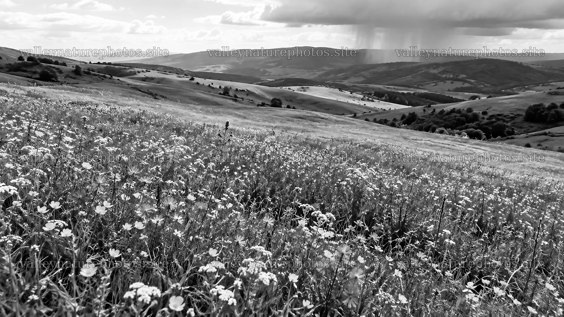 Flower Meadow and Rolling Hills in Monochrome – nature photography 10324x5812