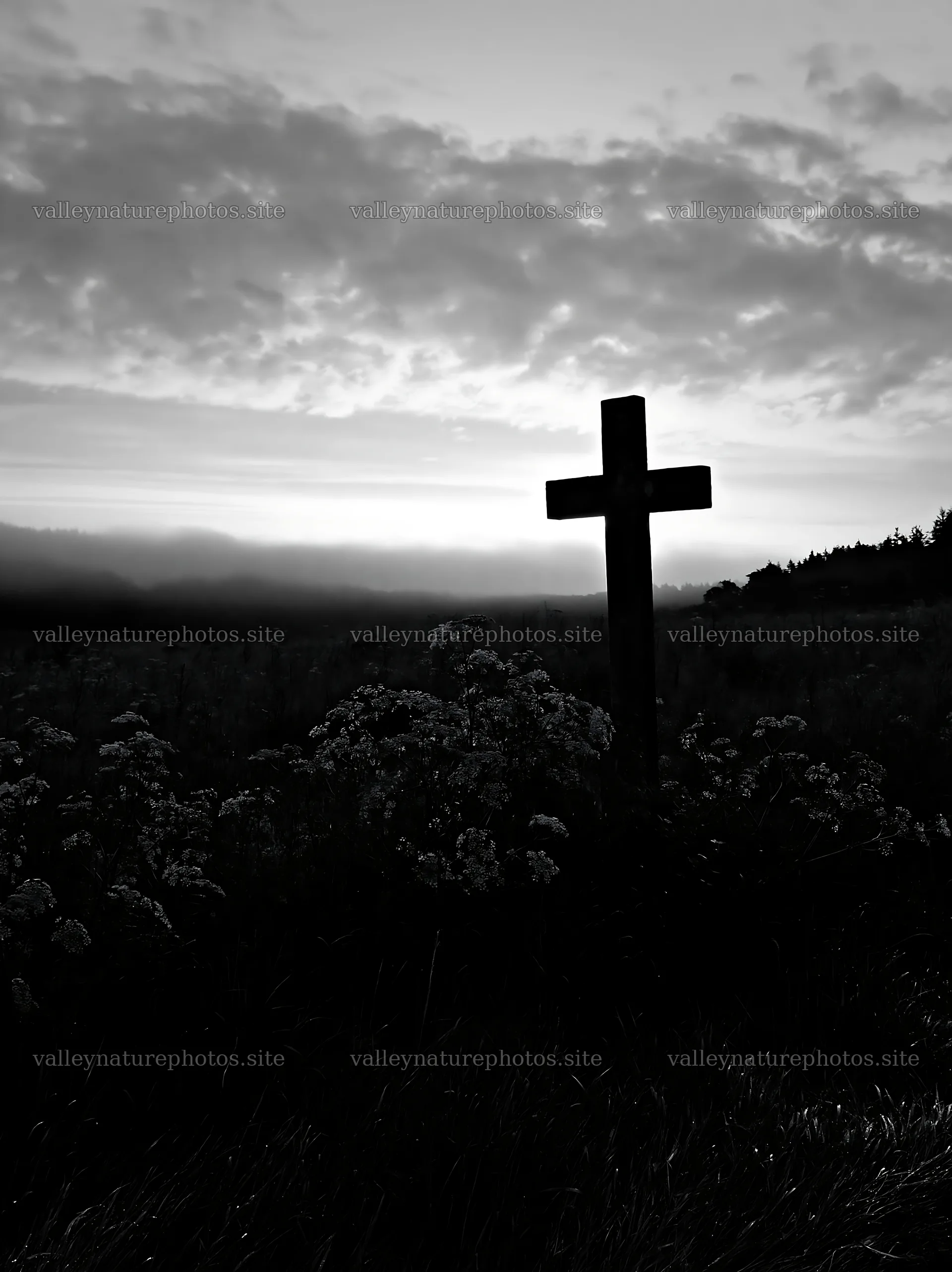 Christian cross at sunrise over meadow – nature photography 6866x9174