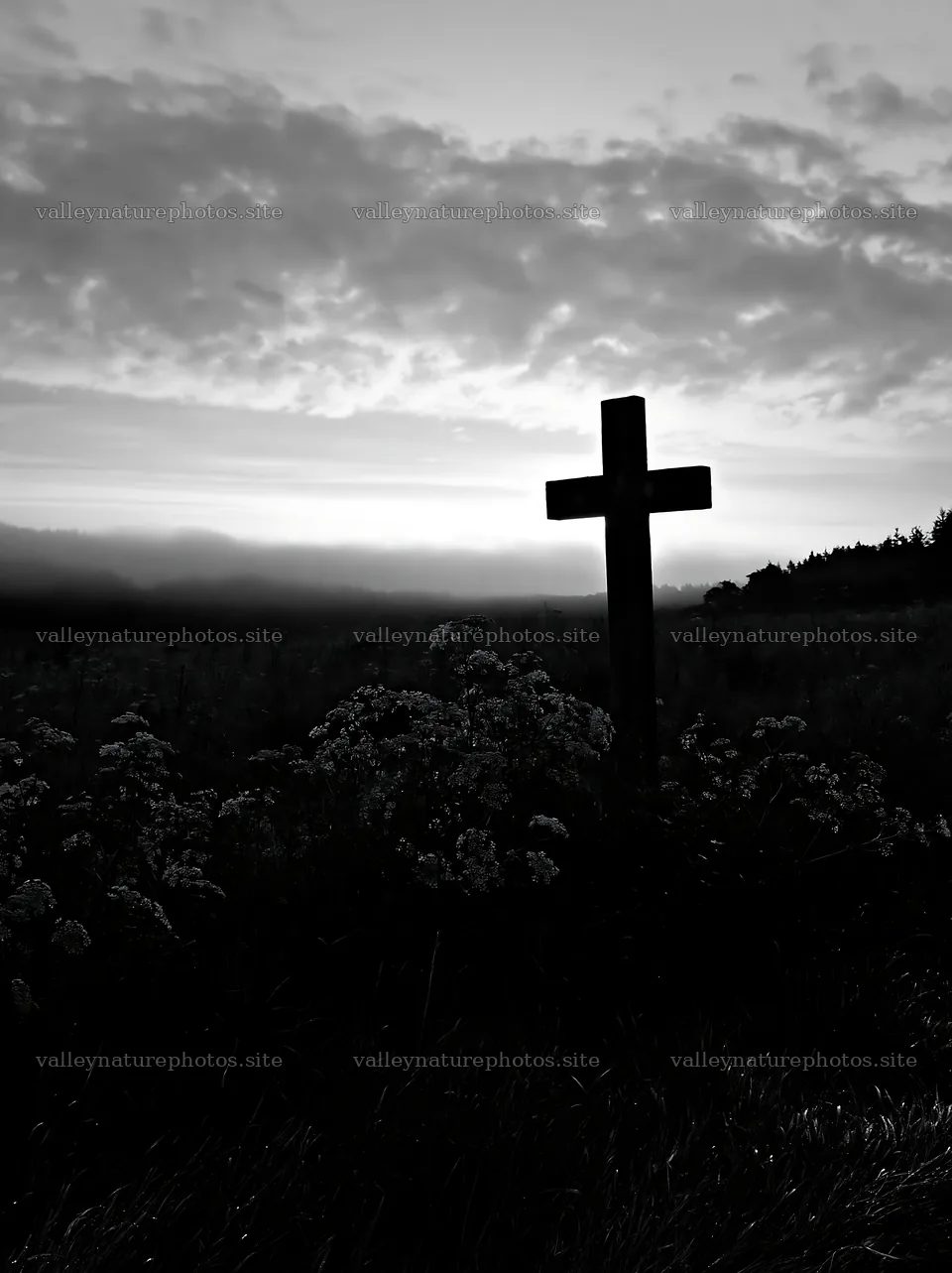 Christian cross at sunrise over meadow – nature photography 6866x9174