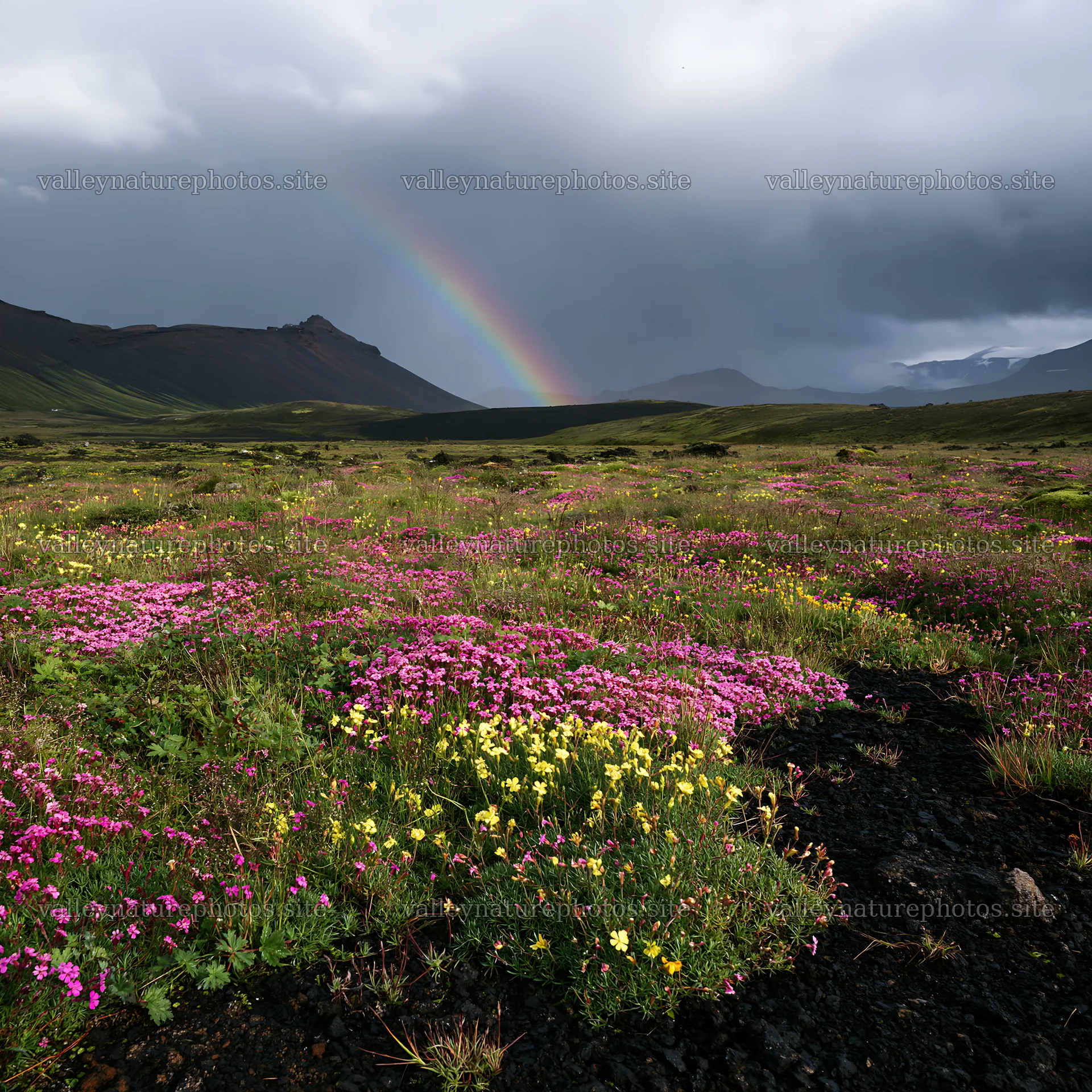 Mountain pass meadow with flowers and a rainbow – nature photography 7938x7938