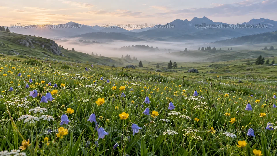 Wildflower Meadow at Sunrise in Mountain Mist – nature photography 10324x5812