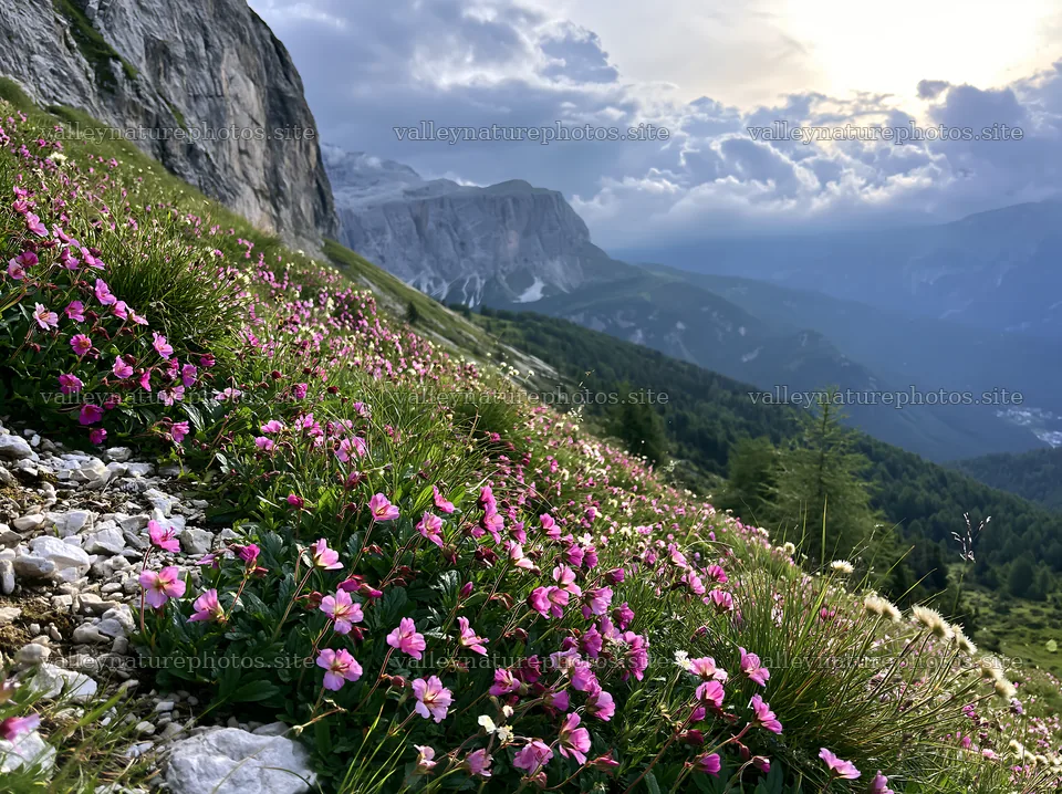 Clifftop meadow with flowers overlooking mountainous landscape – nature photography 9174x6866