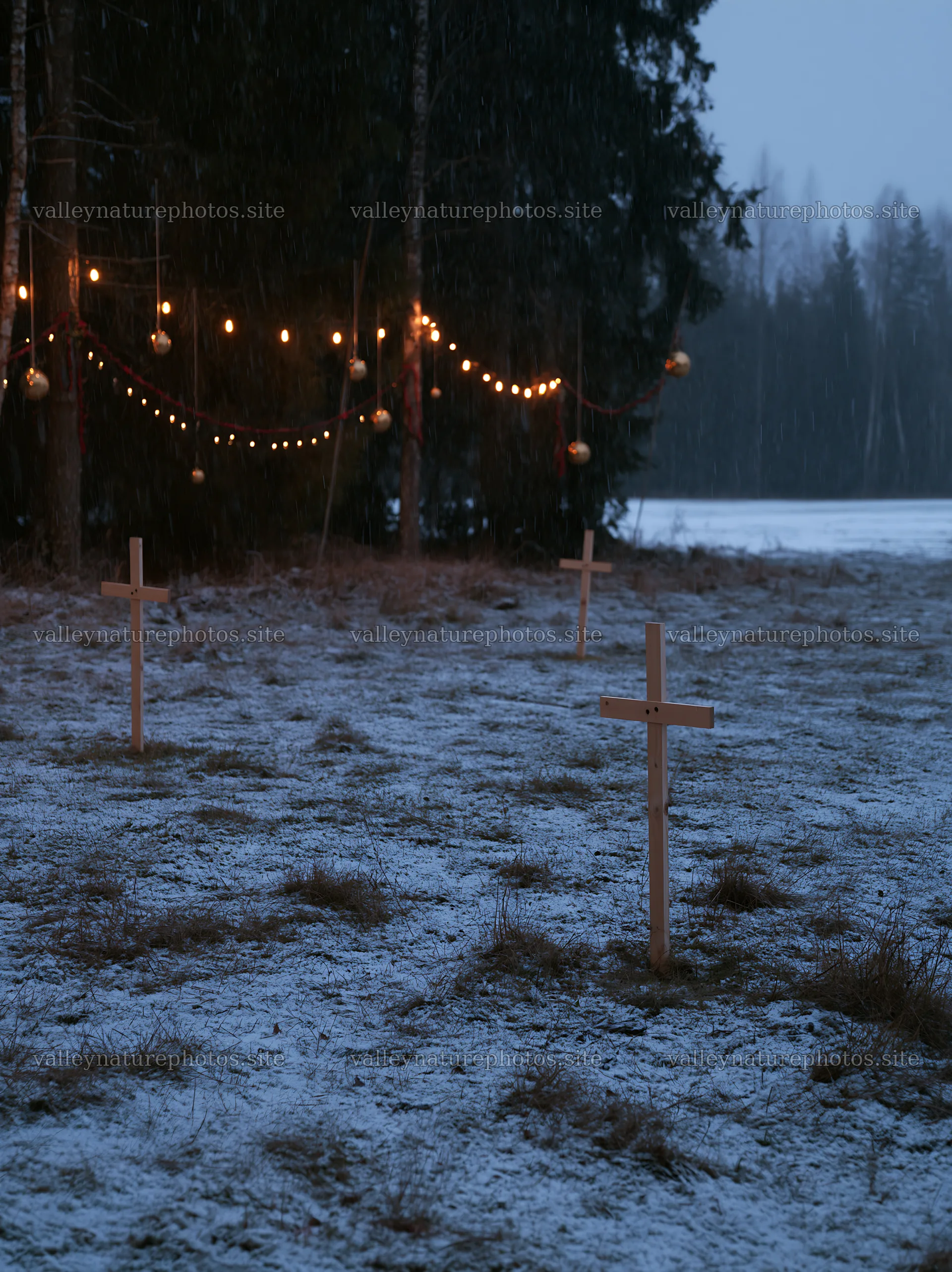 Multiple Christian crosses in snowy meadow at dusk – nature photography 6866x9174