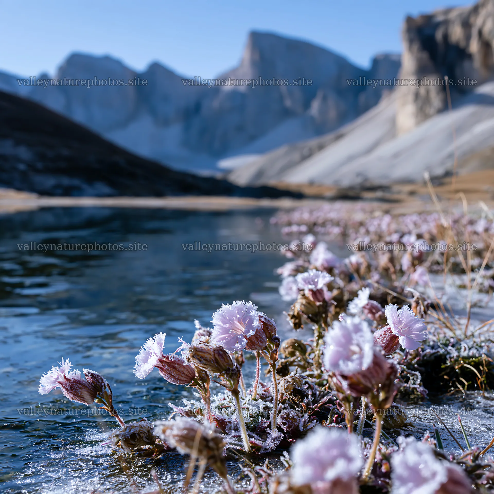 Frozen tarn meadow with flowers and mountains – nature photography 7938x7938