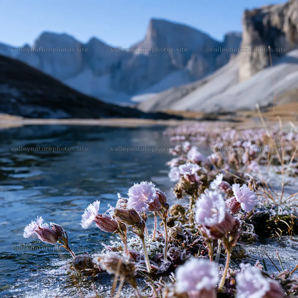 Frozen tarn meadow with flowers and mountains – nature photography 7938x7938
