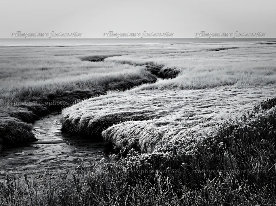 Frosty coastal meadow with winding stream in black and white – nature photography 9174x6866